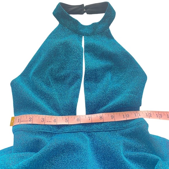 Luxxel Sz S Women's Blue‎ Sparkle Halter Open Back Flared Skirt Dress NWT - Picture 9 of 13
